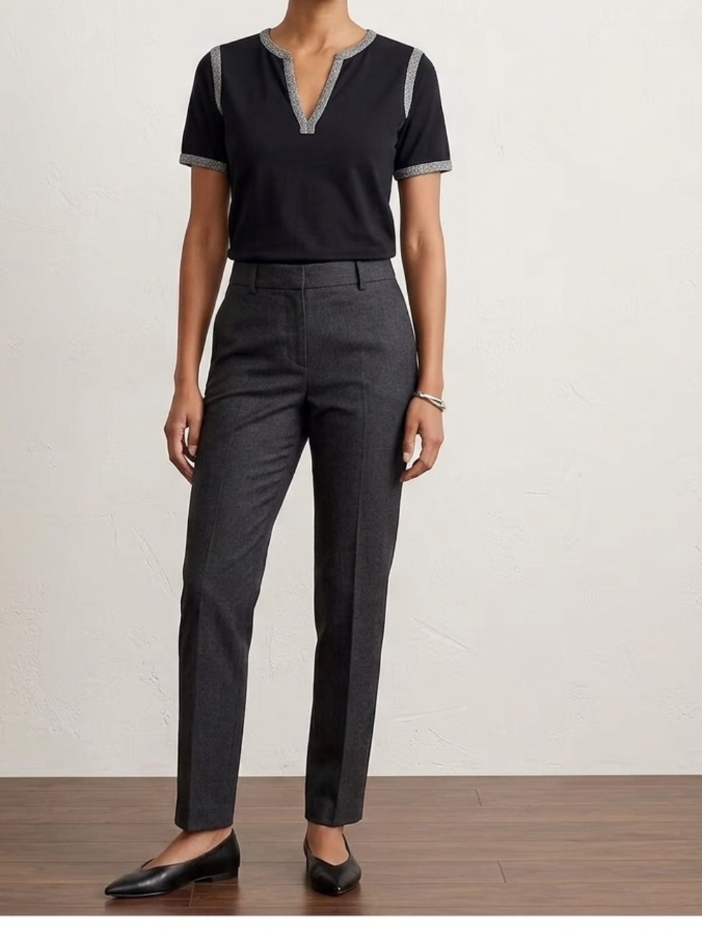 🔥$10 FINAL PRICE🔥 J.Crew Metallic Trim Split V-Neck Short Sleeve Top Black Silve
